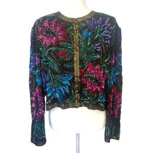 Night Vogue 80s 90s Vintage Beaded Silk Jacket Size LARGE Jeweled Evening